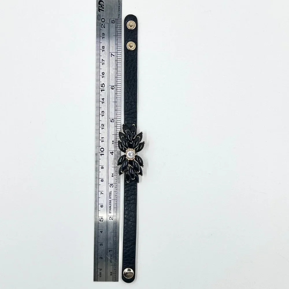 Black Jeweled Double Stacked Flower Gold Tone Black Leather 7” Bracelet - Picture 5 of 9